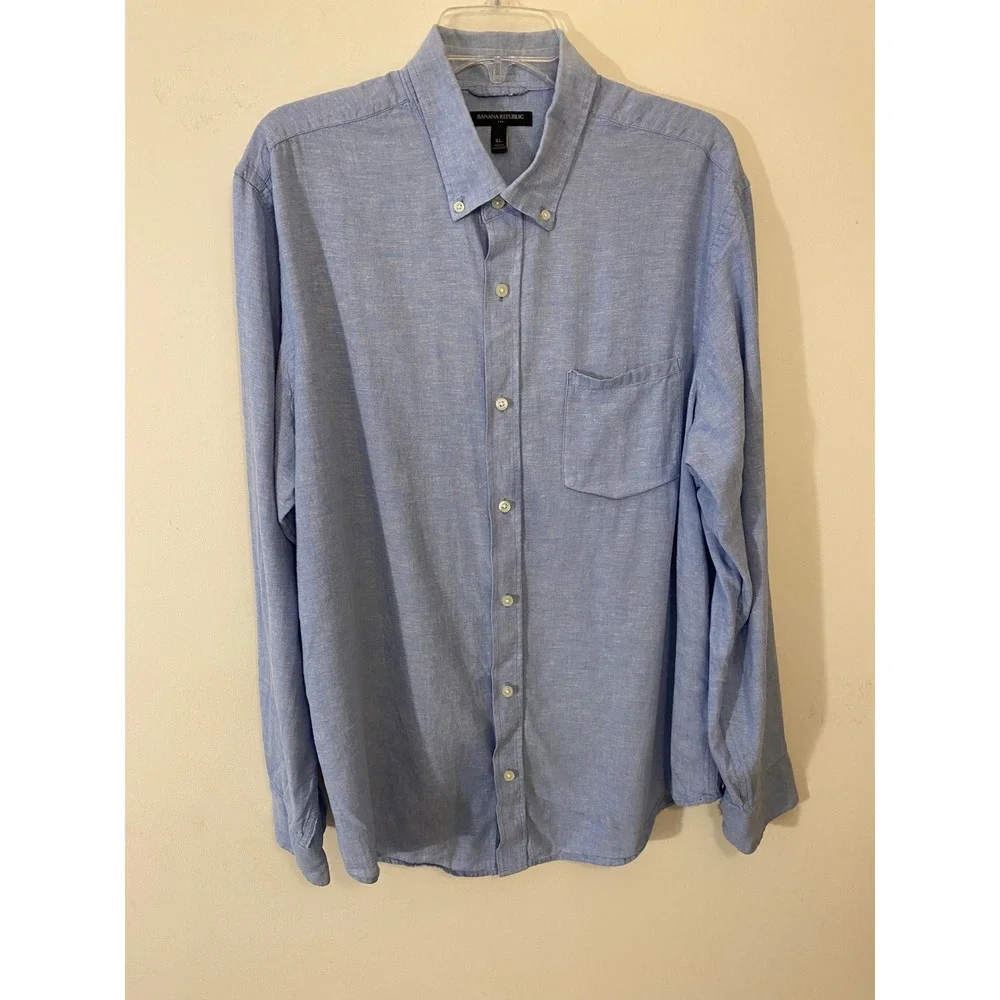 Banana Republic Mens XL Linen Cotton Shirt Blue Button Down Coastal Preppy